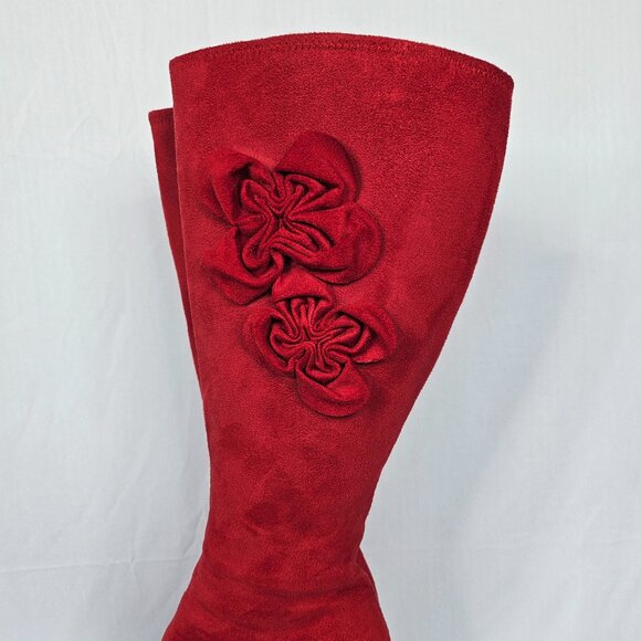 Red Velour Knee-High Women's Boots with Rose/Flower Accents, Size 6M - Picture 12 of 16